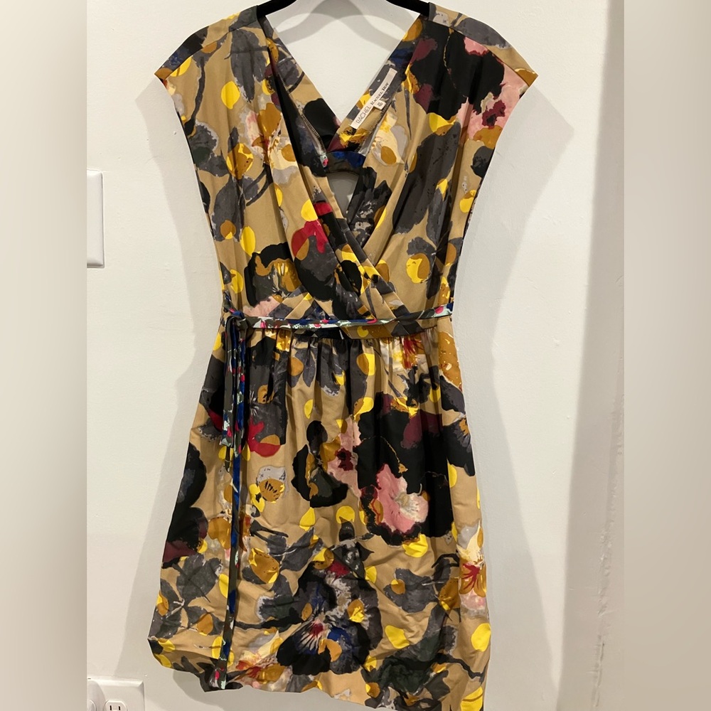 Rachel Roy: pleated faux wrap top a-line skirt dress-round keyhole back detail